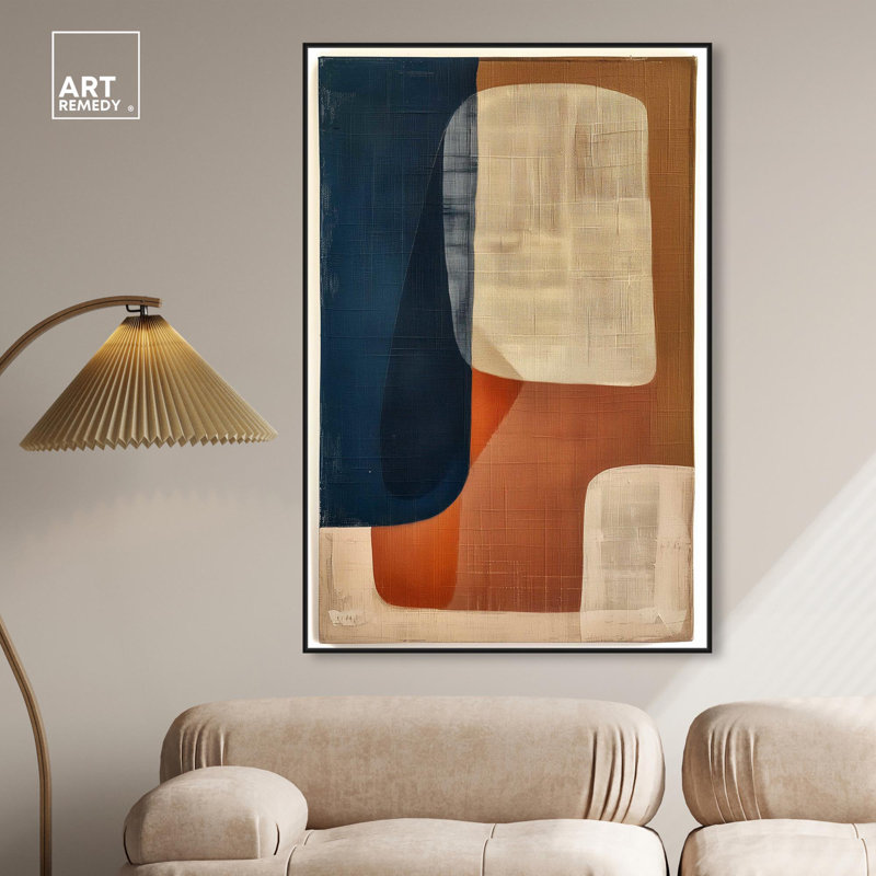 Blue and Cream Abstract Canvas Wall Art with Black Frame, 16" x 11"