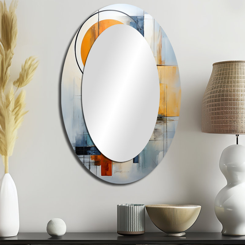 Cubisme orange et bleu Assemblage I - Grand miroir mural ovale sur métal, 36 po x 24 po