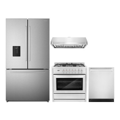 Cosmo 4 Piece Kitchen Appliance Package with French Door Refrigerator , 35.5'' Dual Fuel Freestanding Range , Built-In Dishwasher , and Under Cabinet Range Hood