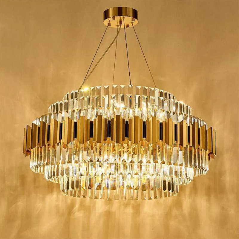 Aydian Chandelier-Modern Elegant Crystal Chandelier – K9 Gold Ceiling Light with Clear Jewel Droplets, Flush Mount E14 Bulbs for Dining Room, Bedroom, Living Room & Staircase
