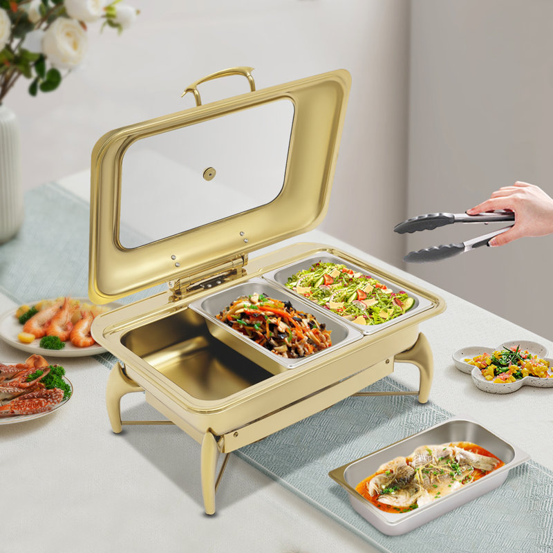 3-Grid Rectangle Stainless Steel Chafing Dish Buffet Warmer With Glass Window Lid