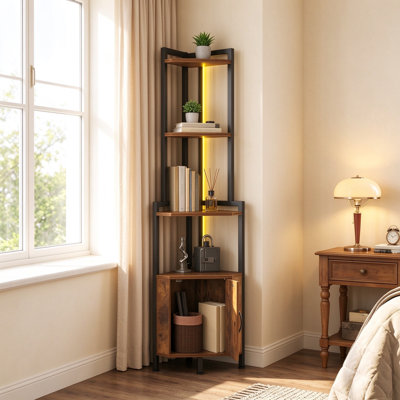 Étagère d'angle rustique avec lumière DEL, support de rangement autoportant pour petits espaces, organisateur en métal à plusieurs niveaux pour le salon, le bureau, le vestibule, assemblage sans outil