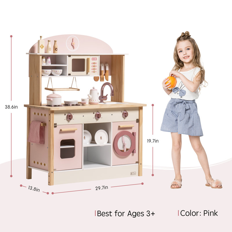 Solid Wood Play Kitchen & Accessories Set, Preschool Kitchen Set, Kids Kitchen Playset, Pink/Beige