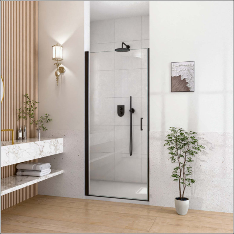 Porte de douche pivotante semi-sans cadre en verre trempé, Noir mat