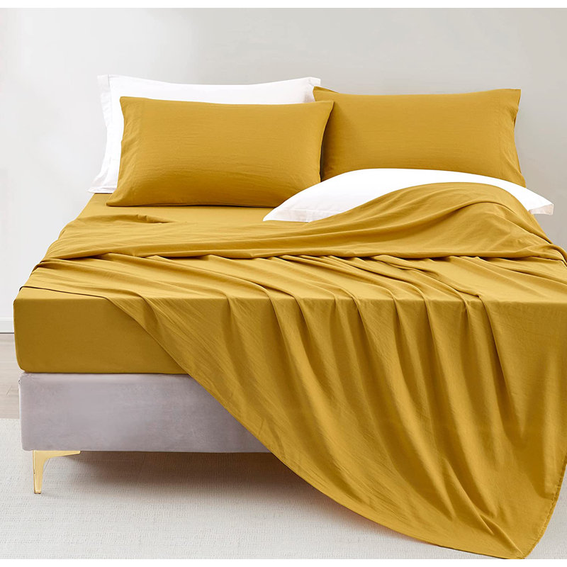 Washed Microfiber Bedding Microfiber Sheet Set, Cal.King Sheet Set + Fitted Sheet + 2 Pillowcases, Mustard Yellow