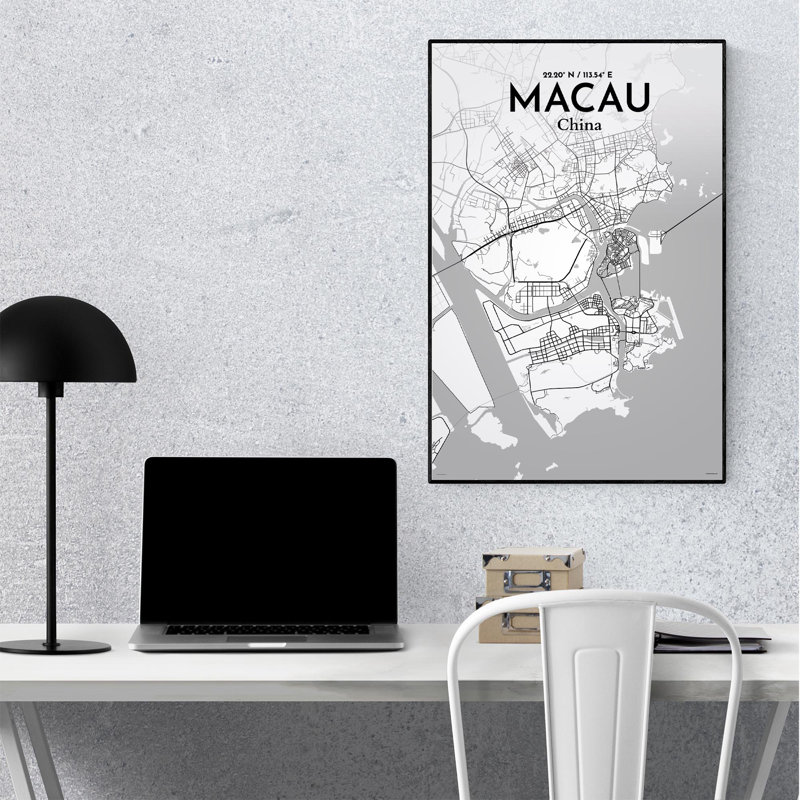 Macau, carte de la ville, impression, Gris / blanc, H 36 po x l 24 po