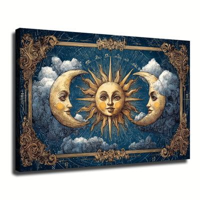 Vintage Celestial Sun And Moon Ornate Zodiac Tarot Style Art, Large Gallery Wrapped Canvas Wall Art Print For Living Room Bedroom