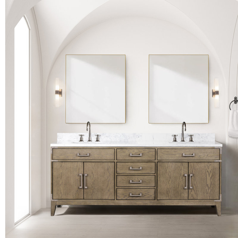 Meuble-lavabo double en chêne blanc 80 po X P 22 po D, dessus en marbre de Carrare et ensemble de robinet, Chêne blanc