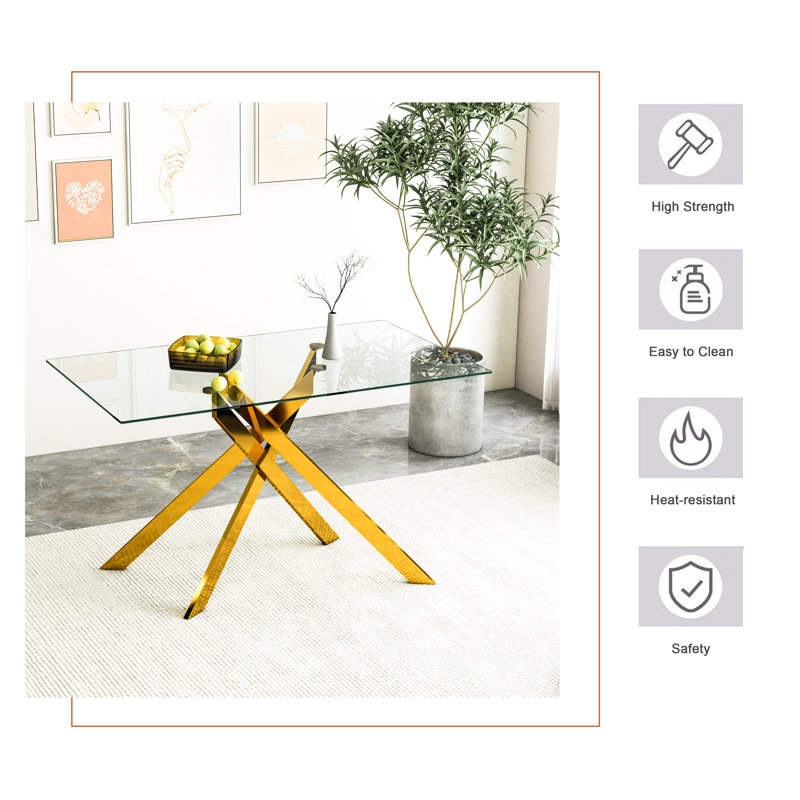 51.18" Rectangular Clear Tempered Glass Dining Table,Stylish Design with Silver Chrome Plated Metal Legs, Dining Table for Dining Room