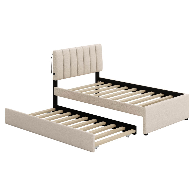 Lit plateforme tapissier simple Teddy, Beige
