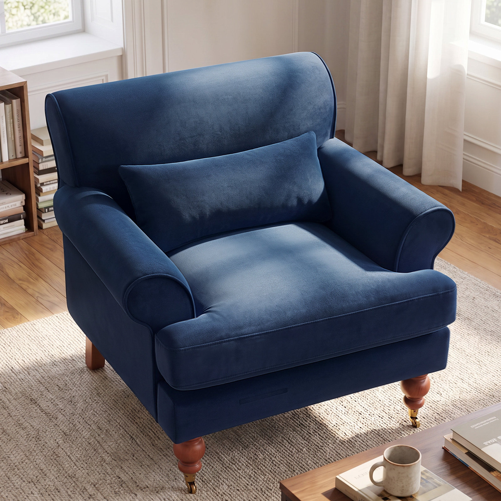 Velvet Upholstered Armchair, Steel Blue Velvet