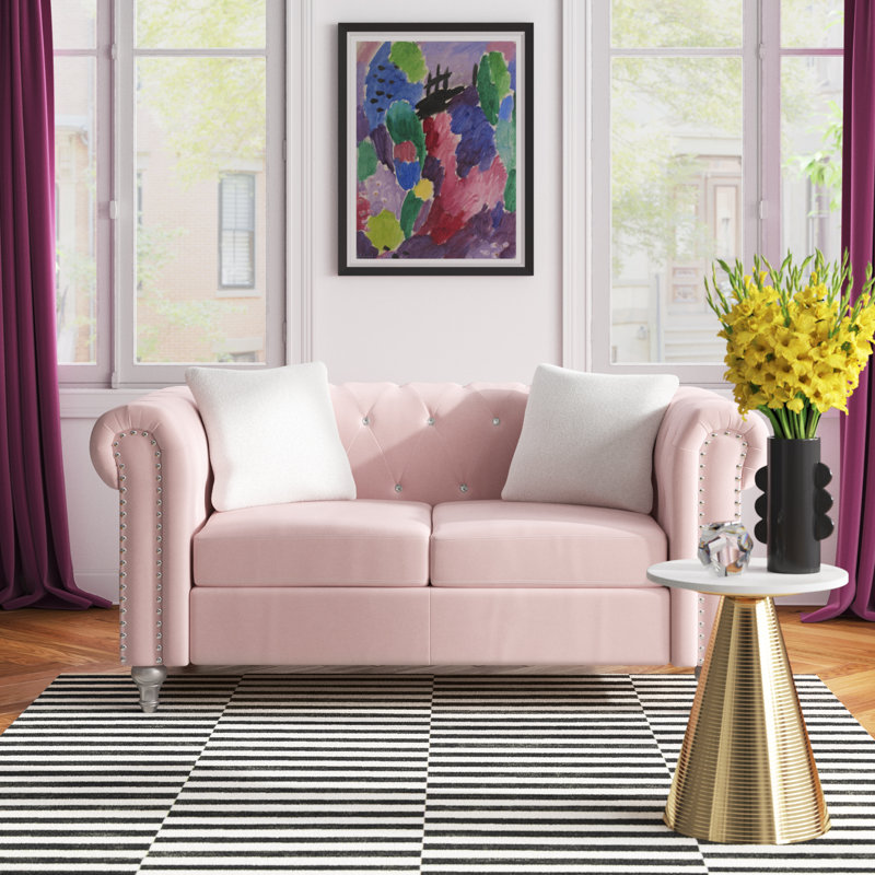 Glory Furniture Raisa Velvet Rolled Arm Chesterfield Loveseat, Pink