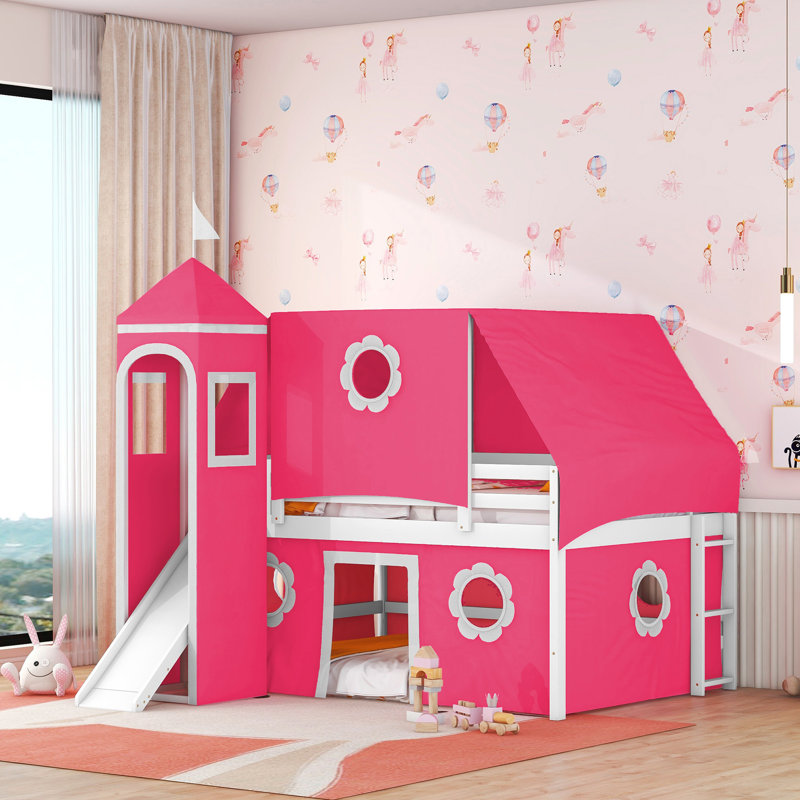 Lit mezzanine double avec tente et tour rose Slide, Bleu