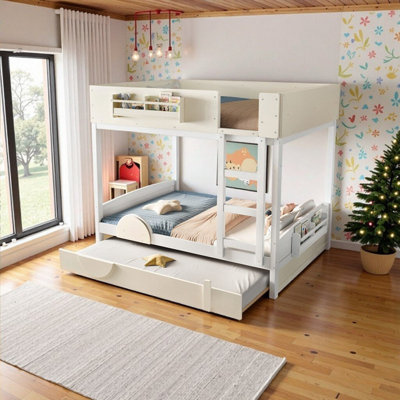 (Queen Over Queen\Full over Full)Pine Wood Kids Bunk Bed With Trundle, Bookshelf