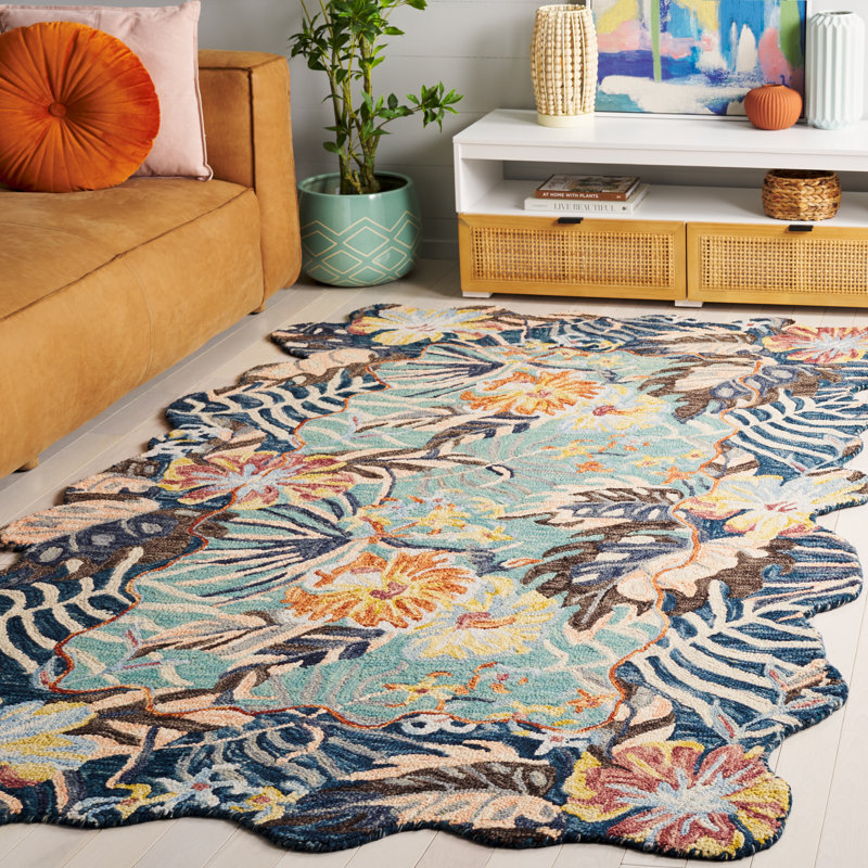 Carachure 355 Hand Tufted Wool/Cotton Floral Rug in Navy/Turquoise, Rectangle 5' x 8'