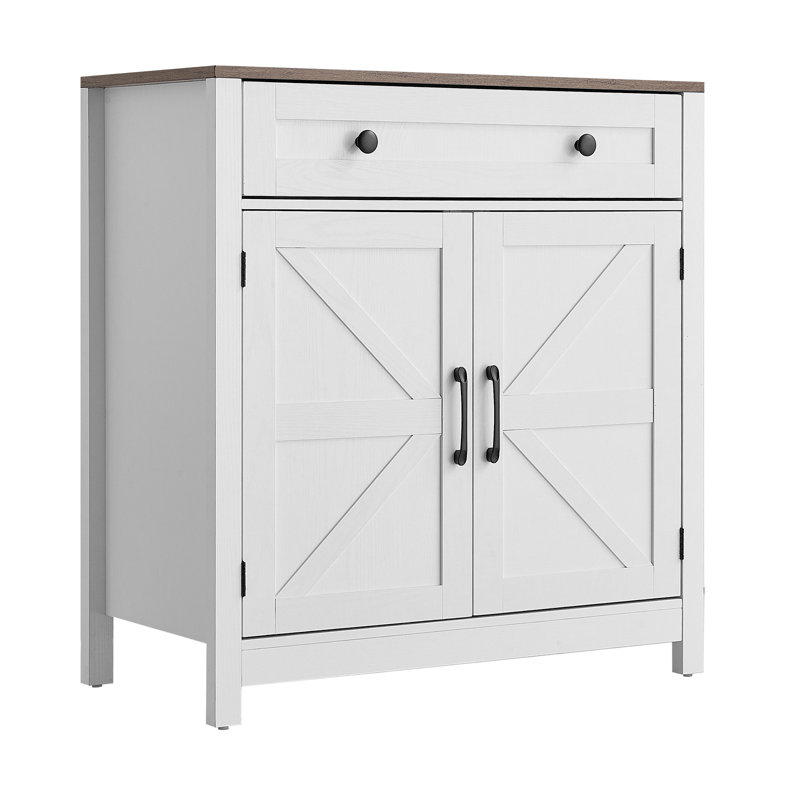 Coffee Bar Cabinet, Farmhouse Coffee Bar Table with Drawer, Buffet Stand Cabinet with 2 Barn Door, Sideboard Buffet Station for Living Room, Entryway, Kitchen, 29.5 x 14.7 x 31.5 in, White