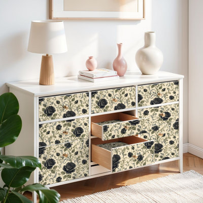 Papier peint auto-adhésif et amovible avec papier peint à motif de roses noires rétro 17,7 po x 118 po (45 x 300 cm)