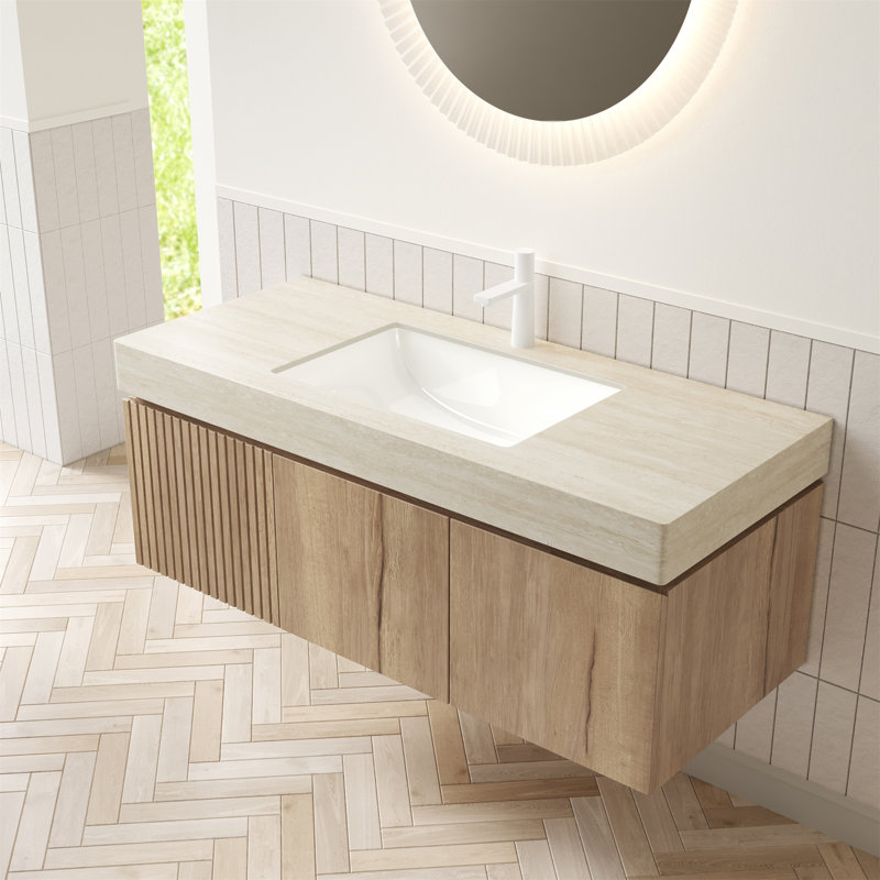 48" MURI Roma Travertine-Pattern Sintered Stone Countertop and Undermount Ceramic Basin with One Standard Pre-drilled Faucet Hole, NO Cabinet, NO Faucet and Sink Cover