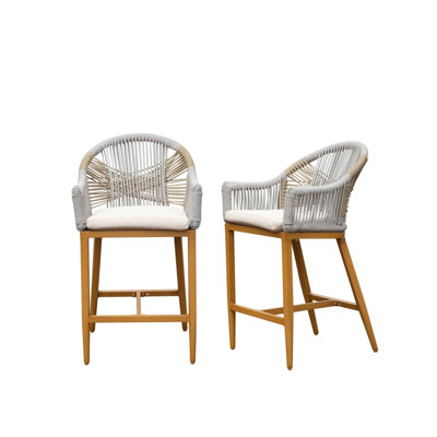 Tabourets de bar (lot de 2) avec accoudoirs et dossier, chaises de comptoir rembourrées pour l'extérieur, structure en corde d'aluminium pour jardin, piscine, terrasse, cuisine - Chaises kaki pour une personne avec coussin intégré, jardin