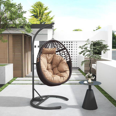 Single Person Wicker Porch Egg Swing With Steel Stand And Adjustable Chain And Cushion Suitable For Indoor & Outdoor 400Lb Capacity