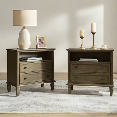 Amberlyn 28.2''W Traditional 2-Drawer Nightstand with Charging Station and Solid Wood Legs and Open Shelf