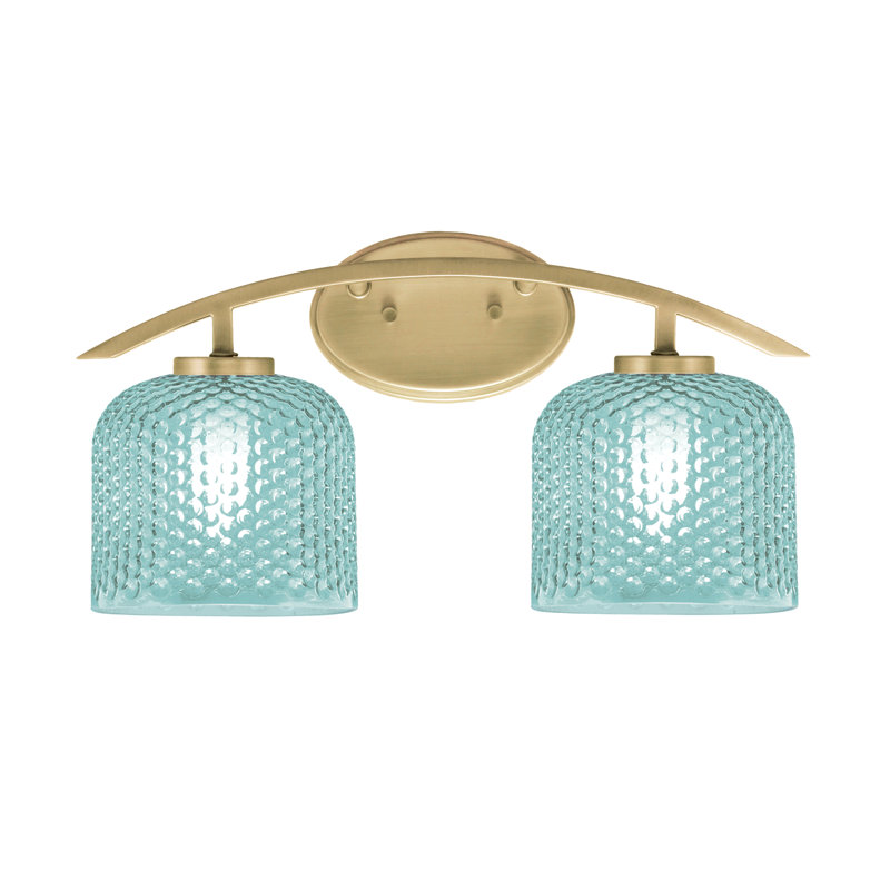 Kurve 2 Light Bath Bar Shown In New Age Brass Finish With  6" Turquoise Textured Glass