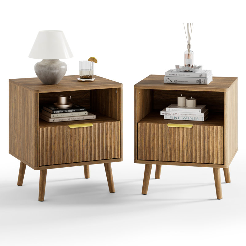 Fluted Nightstand With Curved Profile Design, End Table W/Storage, Bedside Table For Bedroom, Living Room (Set of 2) - Walnut