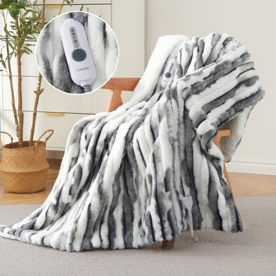 Couverture chauffante électrique à double commande, imitation fourrure de lapin et sherpa, 4 niveaux de chauffage, arrêt automatique après 10 h, protection contre la surchauffe, certifiée ETL, lavable à la machine pour une utilisation toute l'année