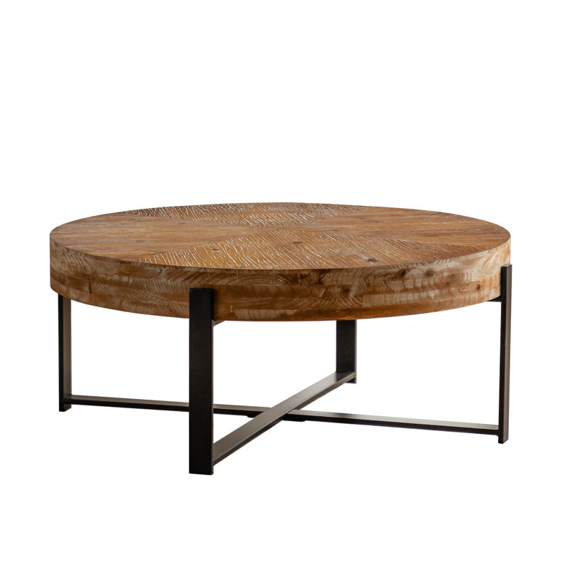 31.29" Round Fir Wood Coffee Table with Black Metal Cross Legs