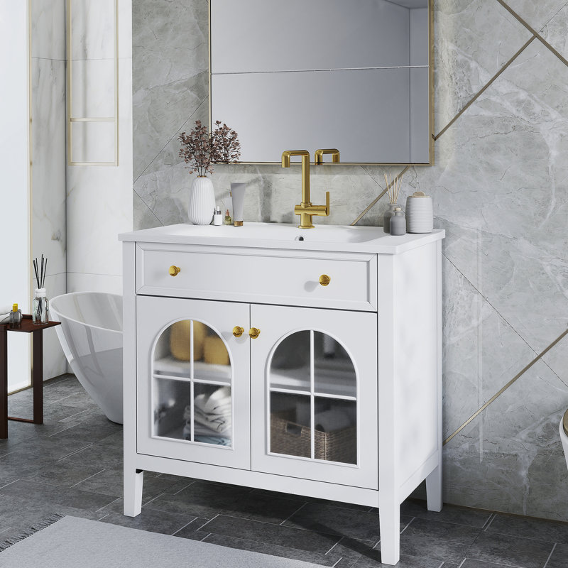 Meuble-lavabo autoportant avec tablette de rangement, Blanc