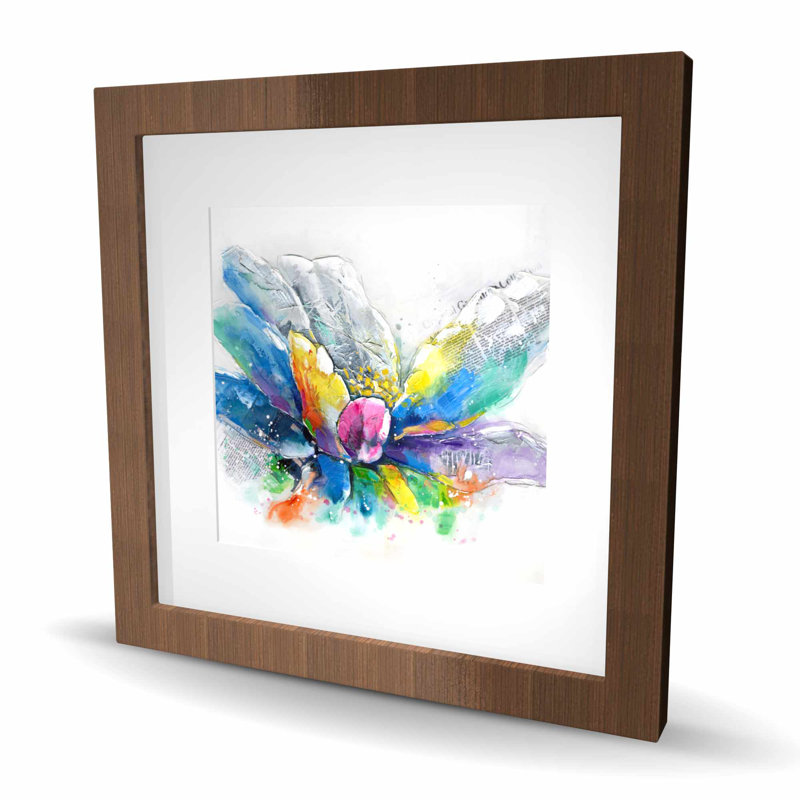 Fleur abstraite avec journal - impression encadrée bleue moderne, H 16 po x l 16 po