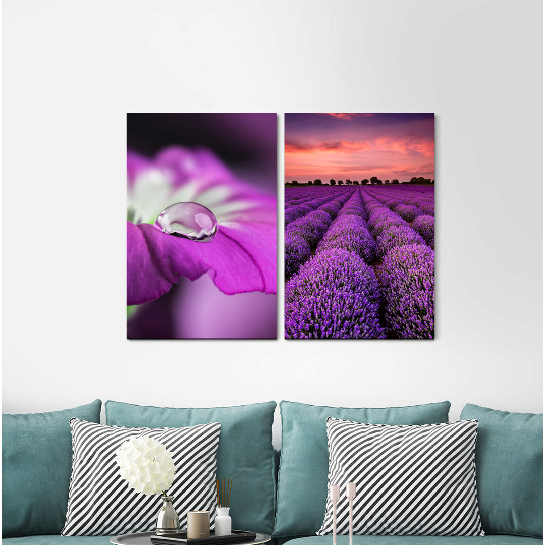 2-tlg. Leinwandbilder-Set - Fotografie „Flower Blossom Water Drops Lavender Field Pink Clouds Summer”