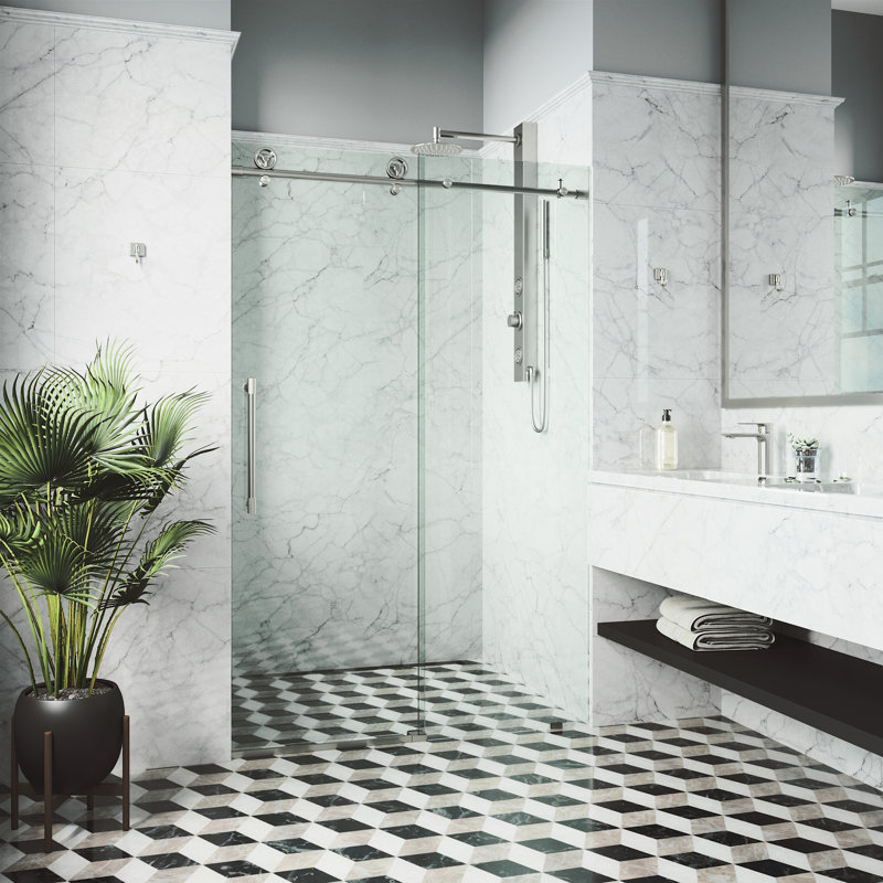 Cass 64-68" W x 76" H Sliding Frameless Shower Door with 3/8" Clear Glass, Stainless Steel