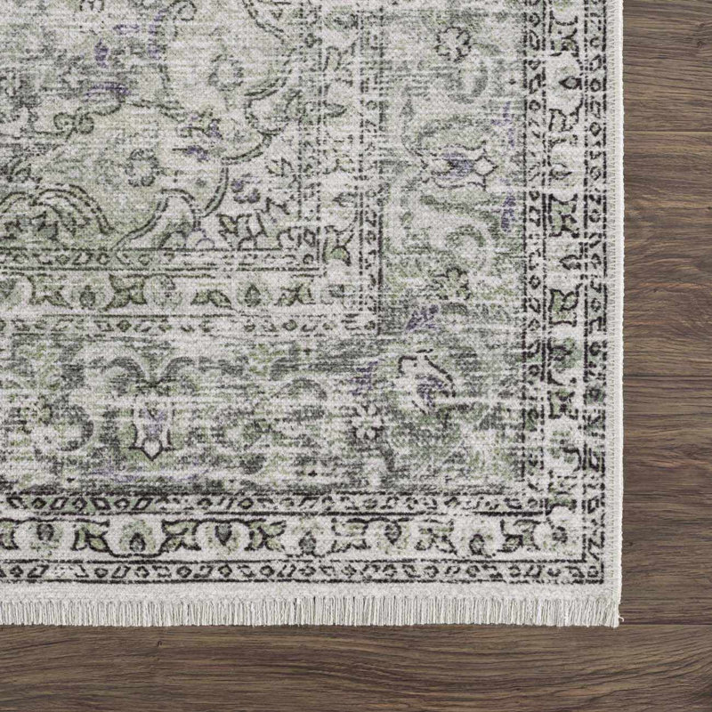 Tapis oriental vert lavable à la machine Milner Milner, Rectangle 5 pi x 7 pi 6 po
