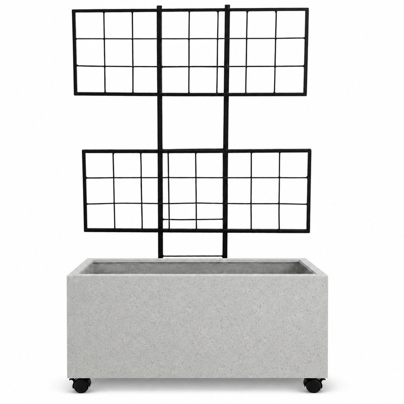 Pot de fleurs rectangulaire en polystone lisse avec treillis et roues en acier, gris, Gris