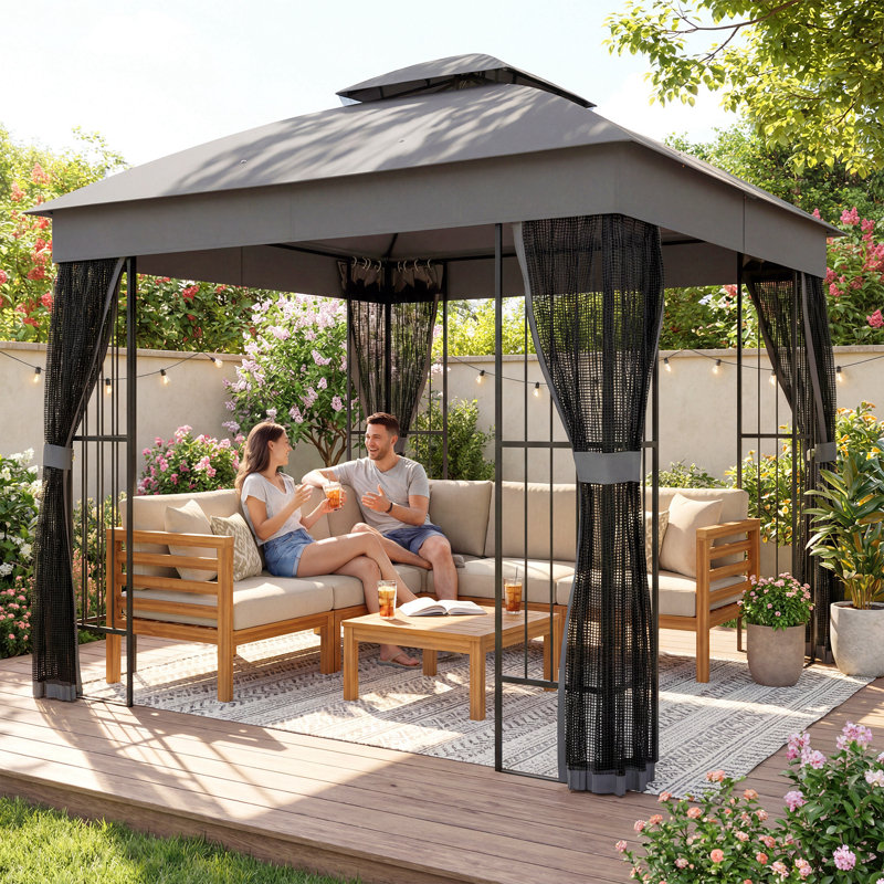 Outsunny 3 x 3 m Outdoor Garden Gazebo with Post Shelves, Double Roof, Grey