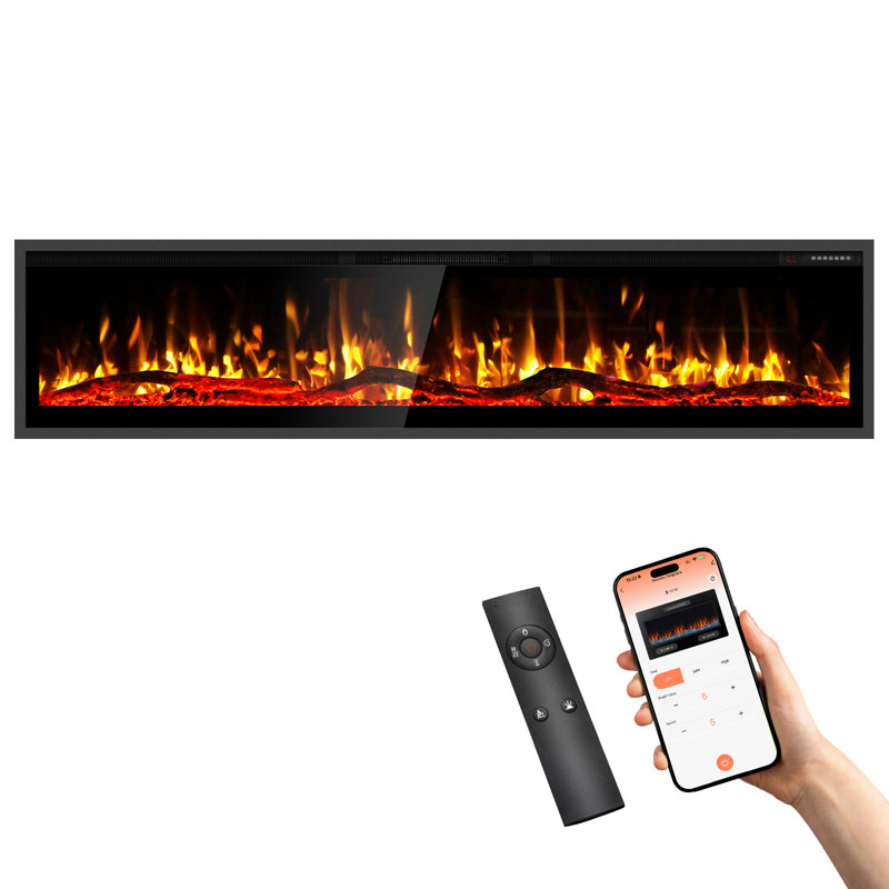 Narrow Bezel WiFi Smart Fireplace Recessed & Wall Mounted, Linear Fireplace w/App, Remote Control, Adjustable Temperature, Log Flame Option