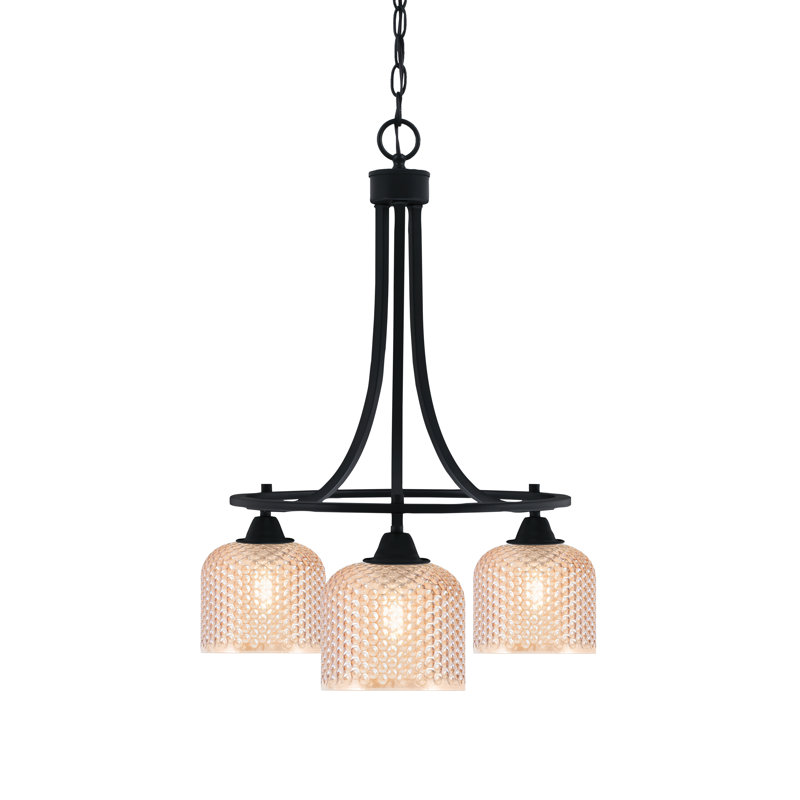 Lustre 3 lumières Vivian présenté en finition noir mat avec verre texturé ambre de 6 po, 22.75" H x 17" W x 17" D