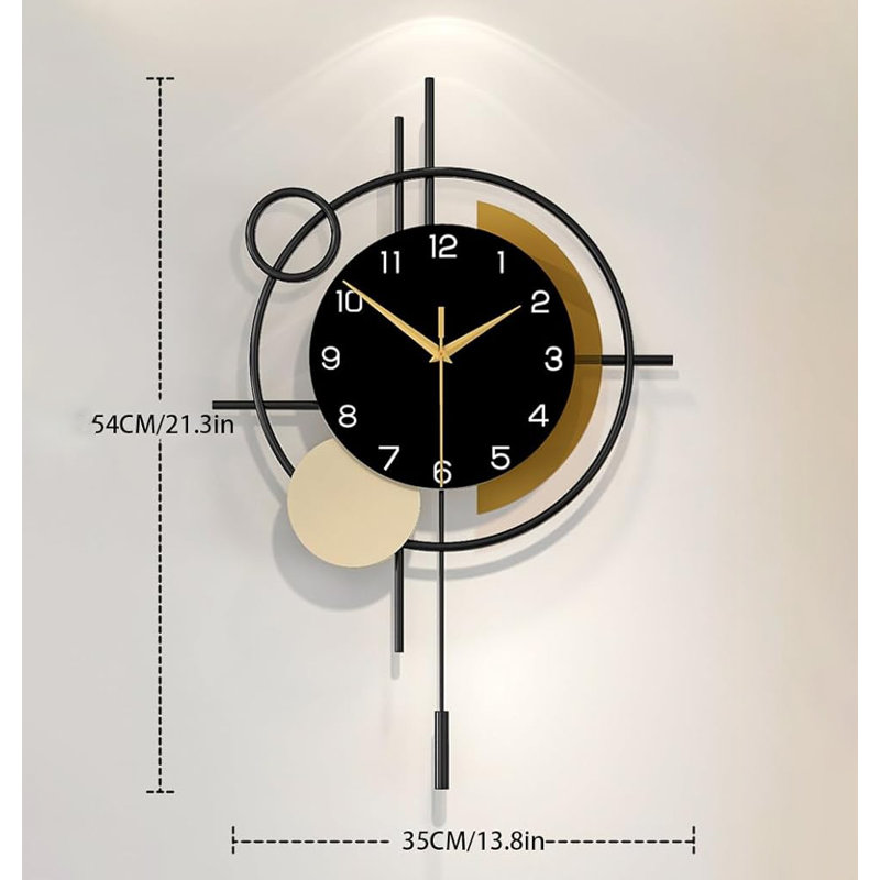 Horloge murale décorative avec pendule, quartz silencieux fonctionnant à piles pour la maison, Noir