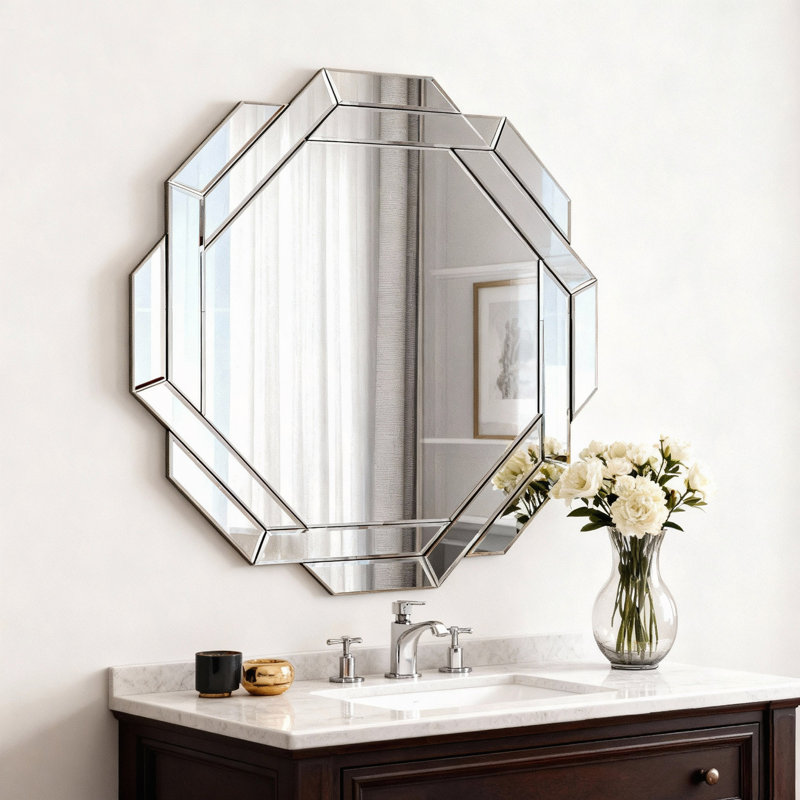 29.92" Octagonal Living Room Mirror, Beveled Edge Frameless Wall Mirror For Wall Decor, Bathroom, Dining Room And Hallway