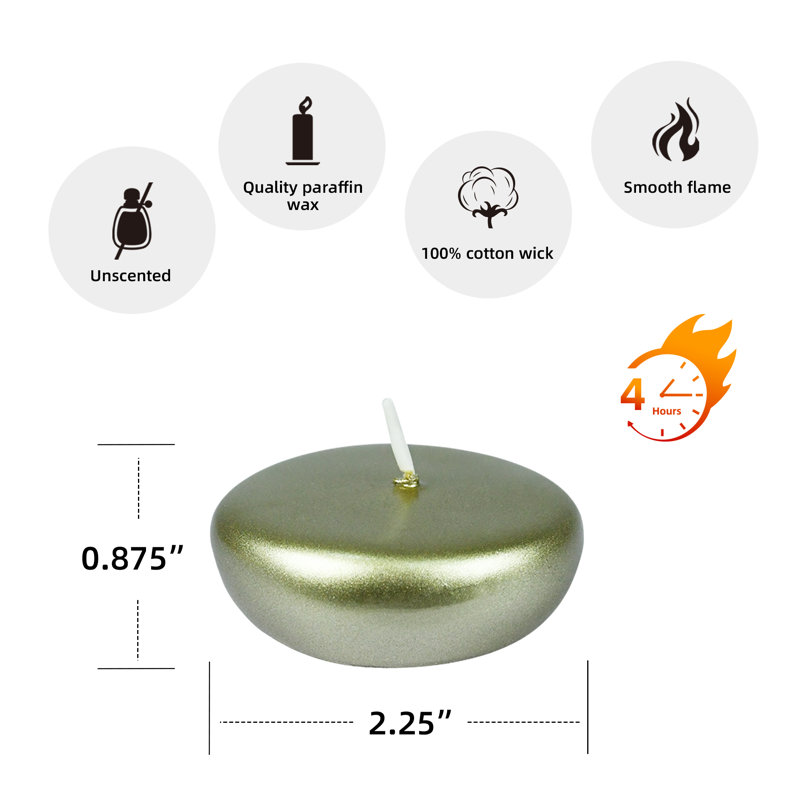 Ensemble de bougies flottantes non parfumées, Ensemble de 24 pièces, Or métallique, Hauteur 0,75 po x diamètre 2,25 po