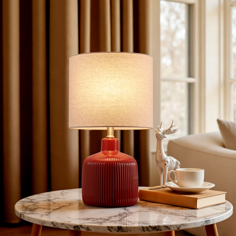 17.5" Modern Glazed Ceramic Table Lamp with Drum Shade, Glaze Red