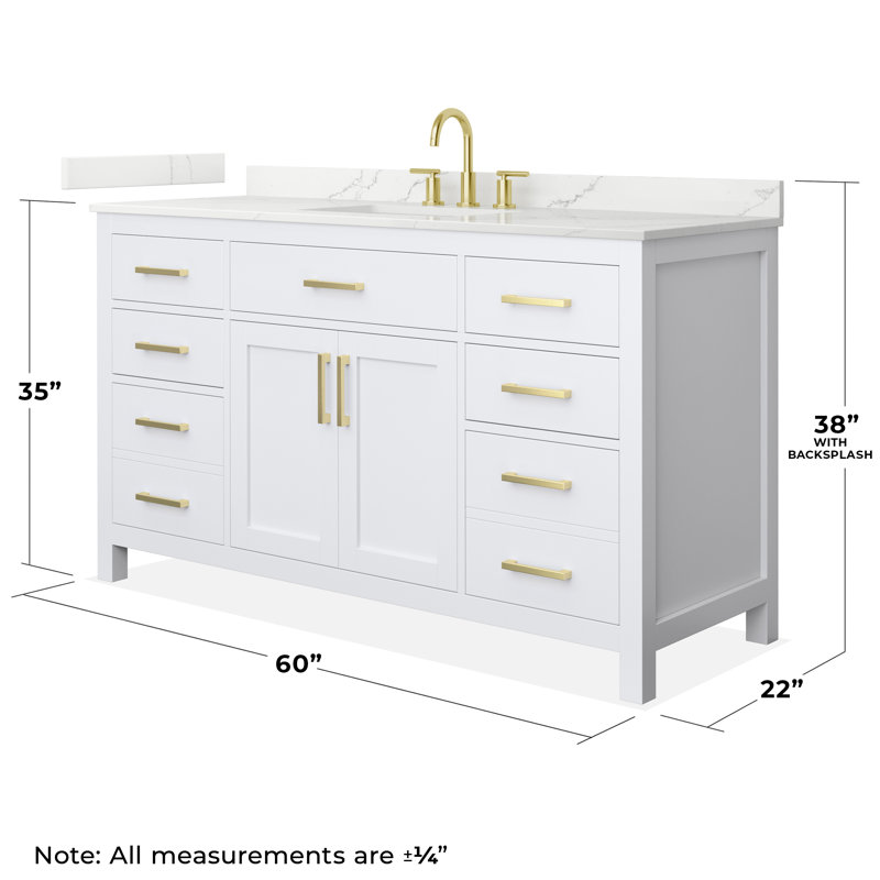 Beckett 60" Freestanding Single Bathroom Vanity with Quartz Top, White, Brushed Gold, Giotto Quartz