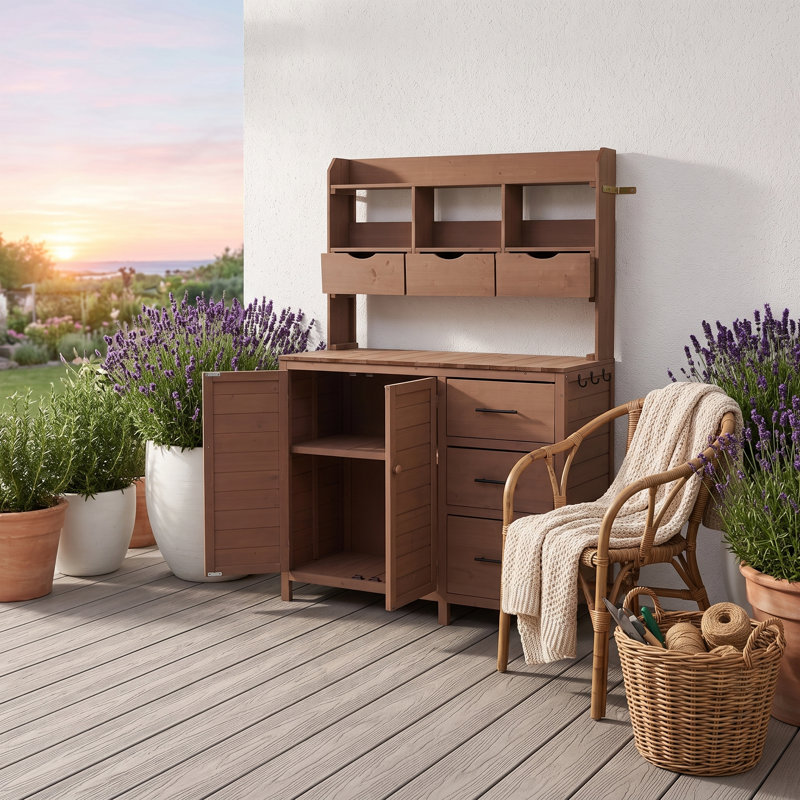 Banc de rempotage extérieur en bois de sapin massif avec poste de travail de jardin avec 6 tiroirs et crochets latéraux, Brun