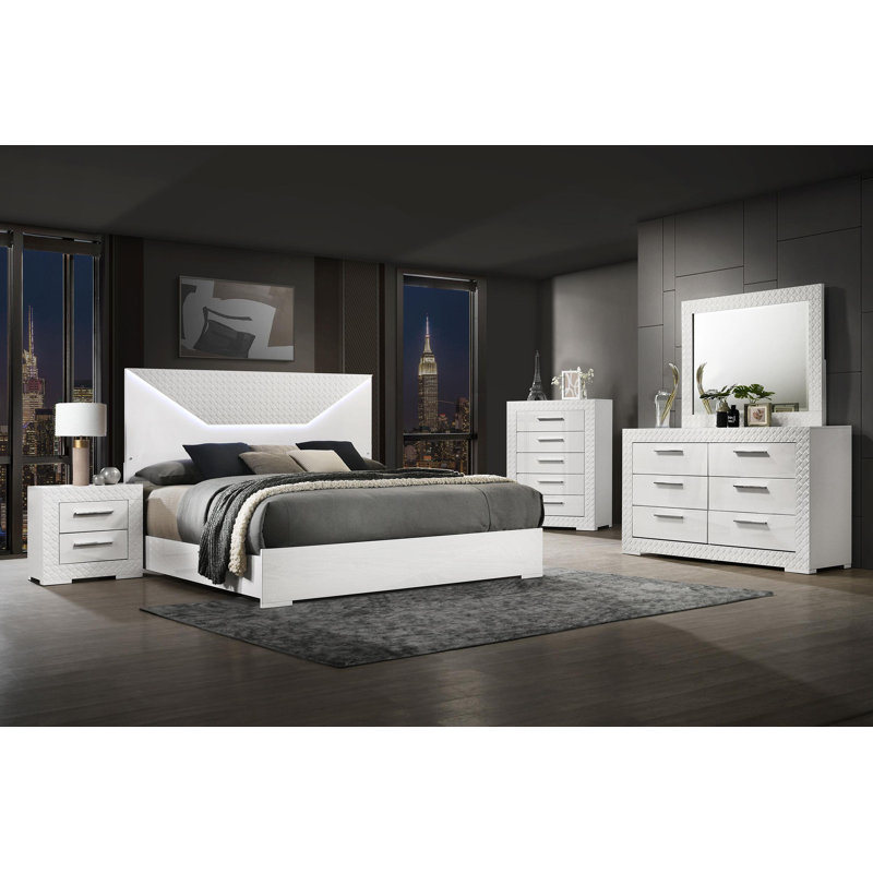 Lumet 5-piece Queen Bedroom Set White High Gloss, White, Queen, 5 Pcs: Bed, Dresser, Mirror, Nightstand, Chest