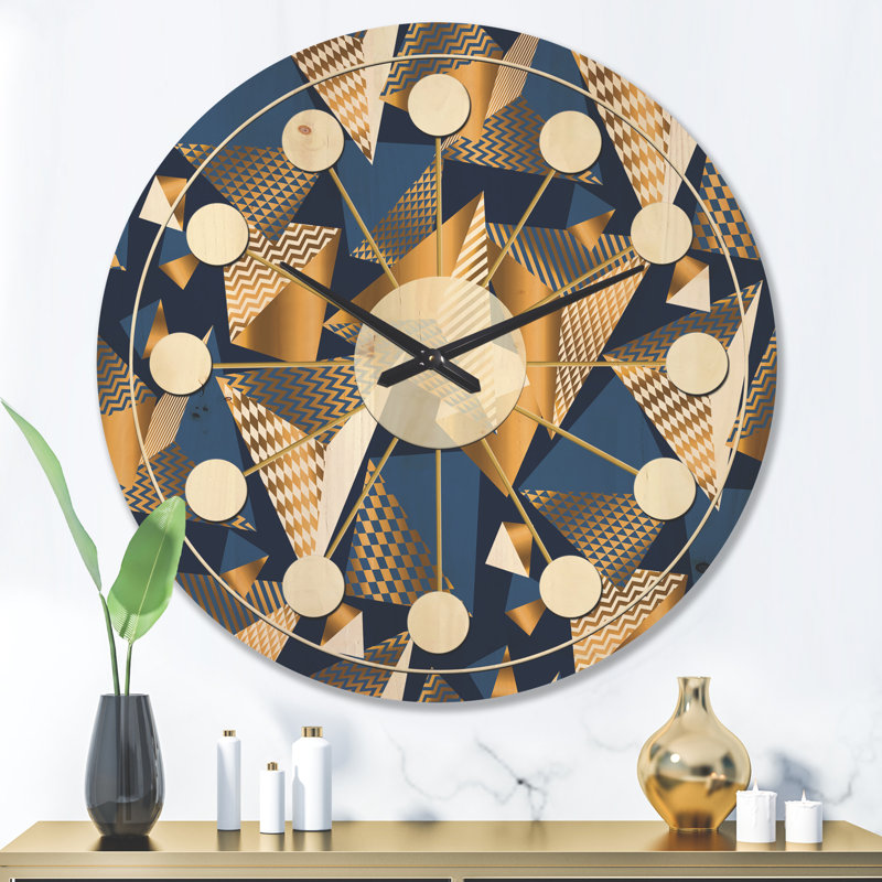 Cubes dorés et bleus - Horloge murale Mid-Century, Très grand
