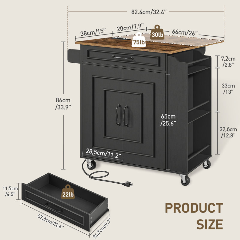 32.4" Kitchen Island with Power Outlets & Drop Leaf, Walnut/Black