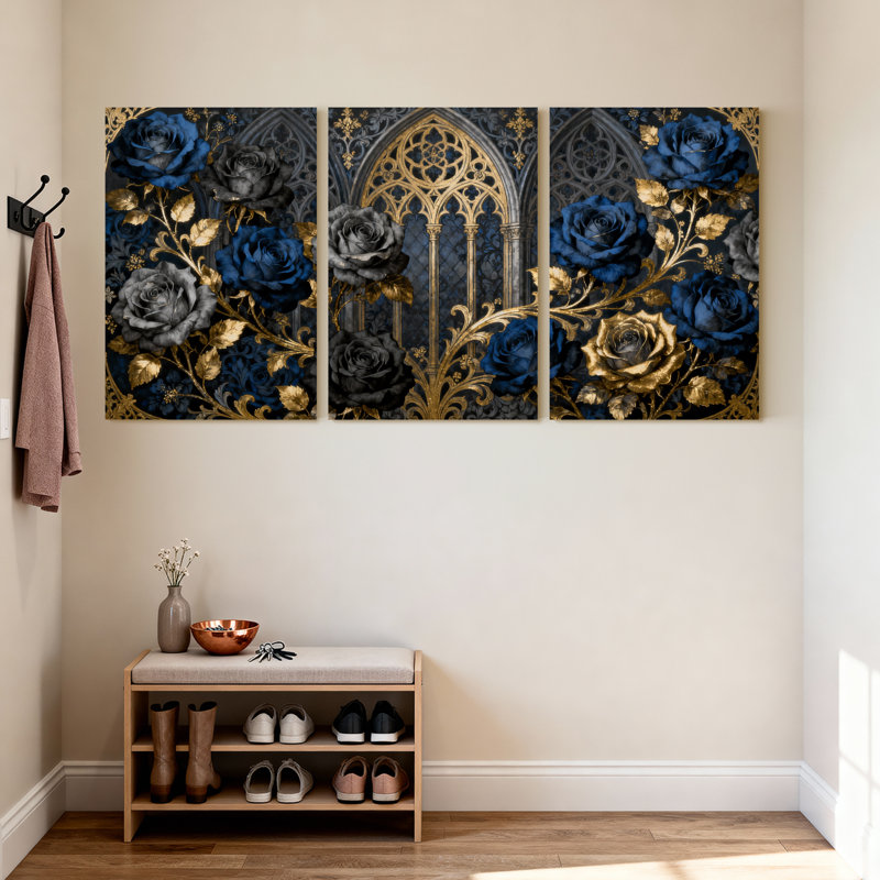 Plantes et fleurs, roses noires et bleues, ensemble de 3 impressions sur toile, H 18 po x l 12 po
