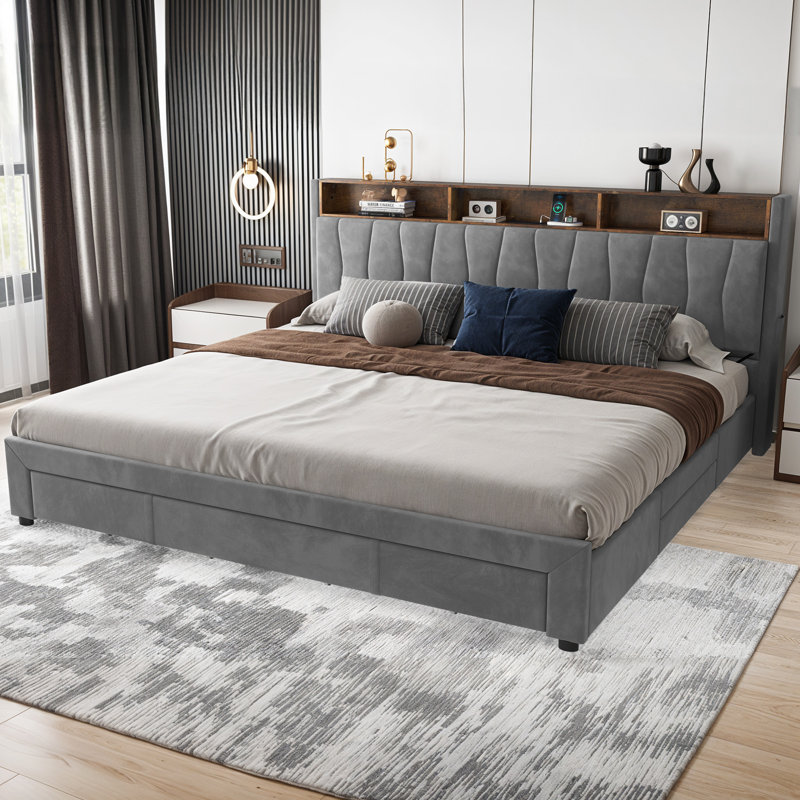 Chantise Upholstered Storage Bed with LED Lights and Built In USB Port, King, Beige