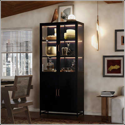 Modern Tall Glass Display Cabinet With LED Lighting, Reinforced Steel Frame, And Versatile Storage Solutions